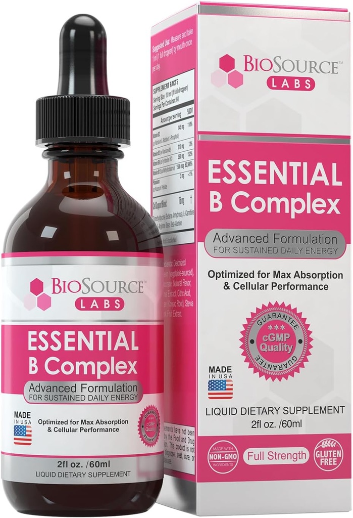 Essential B Complex - Daily Vegan Vitamin B- Complex Sublingual Liquid Drops w / Methyl B12 (2oz / 60ml flaske) - 60- Day Supply