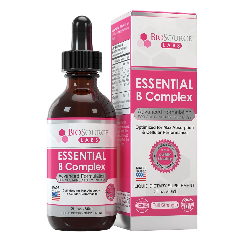 Essential B Complex - Daily Vegan Vitamin B- Complex Sublingual Liquid Drops w / Methyl B12 (2oz / 60ml flaske) - 60- Day Supply