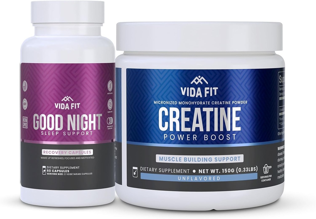 God nat Natural Sleep Aid (60 kapsler) & Mikroniseret Creatin monohydrat pulver (150g) Bundle - Natural Sleep Support med Melatonin, Ashwagandha & L- Theanin, Plus Pure Vegan Creatin for Enhance