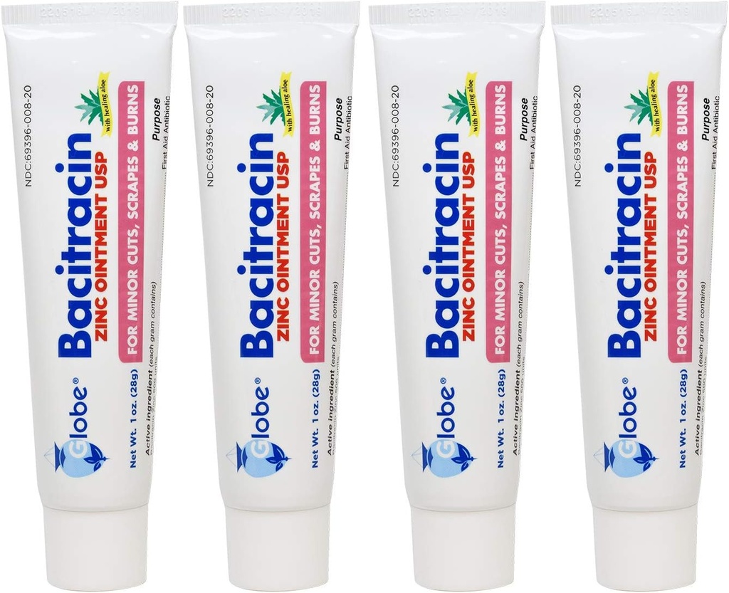 (4 Pack) Globe Bacitracin Zinc Ointment + Aloe 1oz, Antibiotic Ointment, Essential Antibiotic First Aid Supplies, Healing Action, Maximum Antibiotic Power, Prevents Infection in cuts, scrapes, Burns