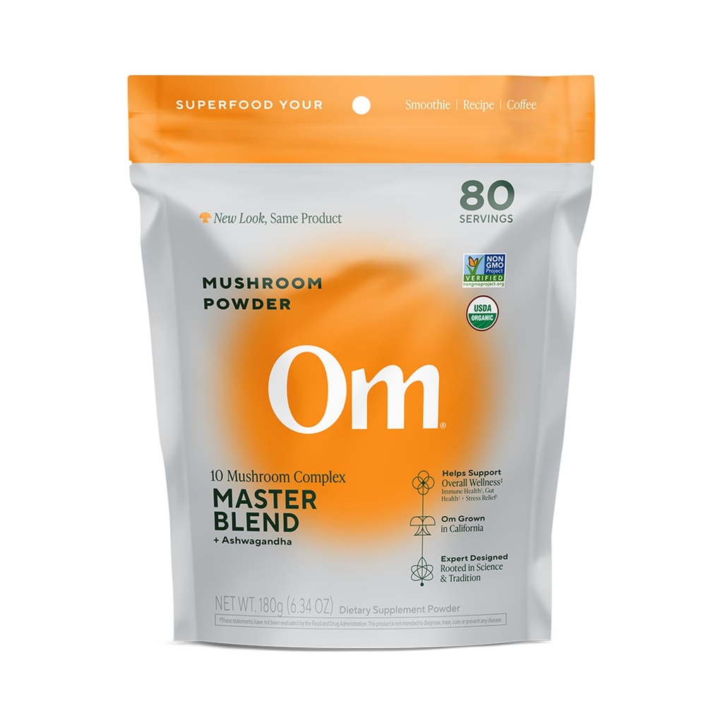 OM Svampe Master Blend Mushroom Powder - Organic Mushroom Supplement med 10 Svampe og Ashwagandha - Support Immunitet, Gut Health & Stress Relief, 6.34 oz (80 Servere)
