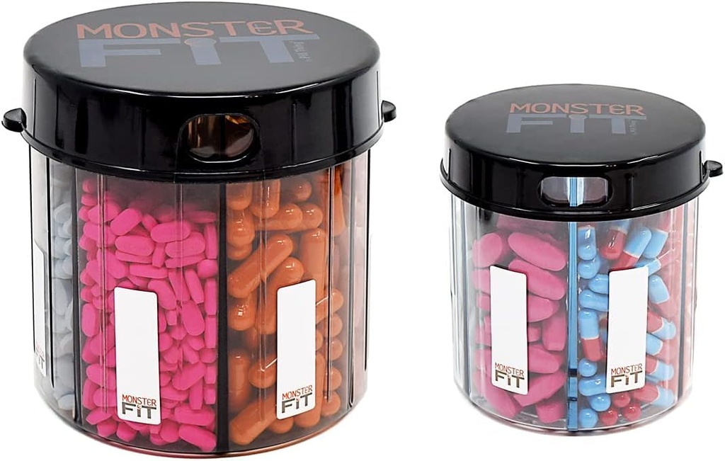 Monster & Monster Jr Supplement Medication Pill Dispensere 2 Pack med etiketter, Ekstra store og små pillebeholdere Flasker håndtere næsten ethvert tillæg, Let at dispense (Monster & Monster Jr.)