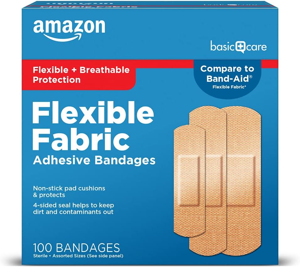 Basic Care Fleksible Fabric Adhesive Bandages, Førstehjælp og Sårpleje Supplies, Assorterede størrelser, 100 Greve