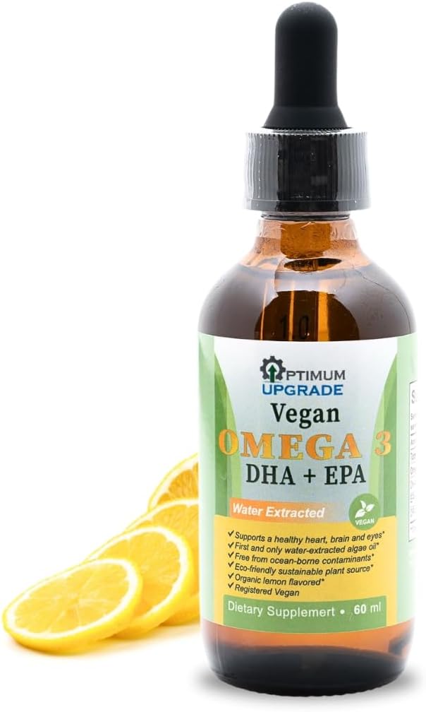 OU Vegan Omega 3 Drops - Lemon Flavored, Organic Water- Extrahered Algae Oil med EPA, DHA & DPA - Non-GMO, Plantbaseret flydende Vitamin til hjerte, hjerne og fælles sundhed - 60 doser