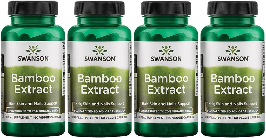 Swanson Bamboo Extract - Natural Hår, Hud og negle Supplement - 70% Silica Indhold Support Collagen Formation & Knoglevækst - (60 Veggie kapsler, 300mg Hver) 4 Pack