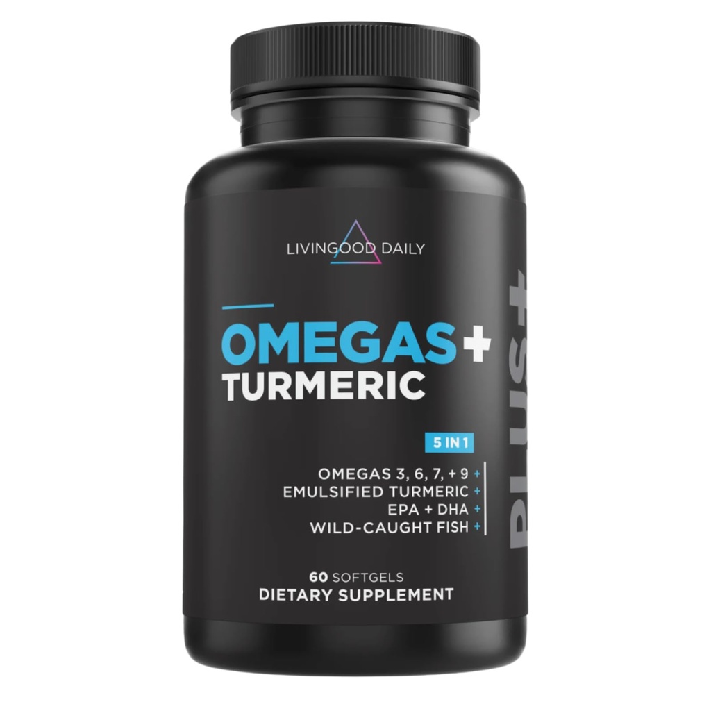 Livingood Daily Omega 3 6 9 Plus Gurkemeje supplement, 60 Softgel - Fish Oil Omega 3 Kosttilskud (EPA & DHA) til mænd og kvinder - hjerne, fælles, hjerte sundhed, og Metabolisme - Made in USA