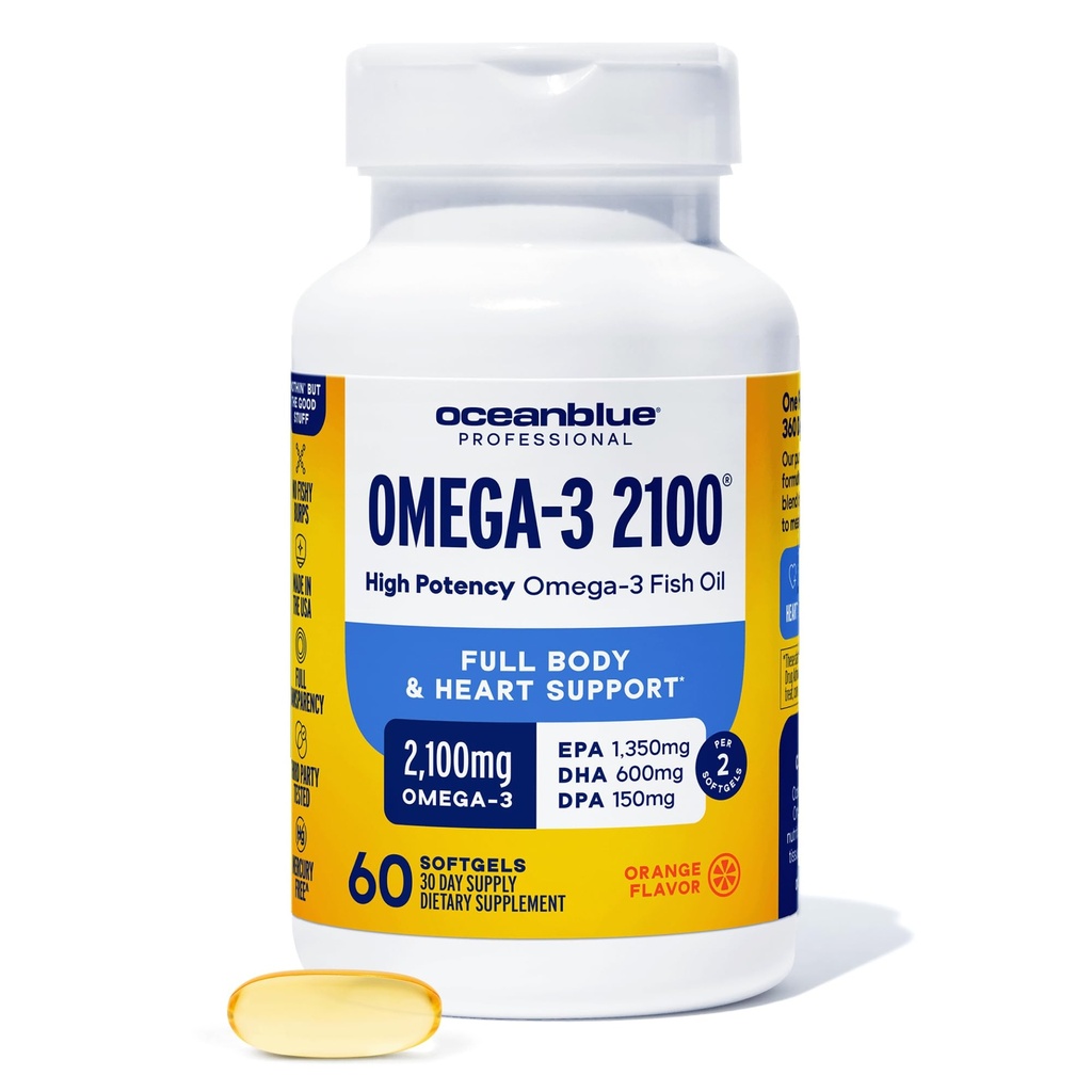 Oceanblå Professional Omega-3 2100- 60 Greve - Højpotens tredobbelt styrke Burpless Fish Oil tillæg med EPA, DHA & DPA - Orange Flavor, 30 Servere
