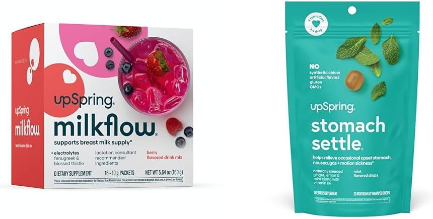 UpSpring Milkflow Electrolyte Breastfeeding Supplement Drink Mix with Fenugreek Stomach Settle Drops for Occasional Nausea Relief/Upset Stomach with Ginger, Lemon, Spearmint, and B6.