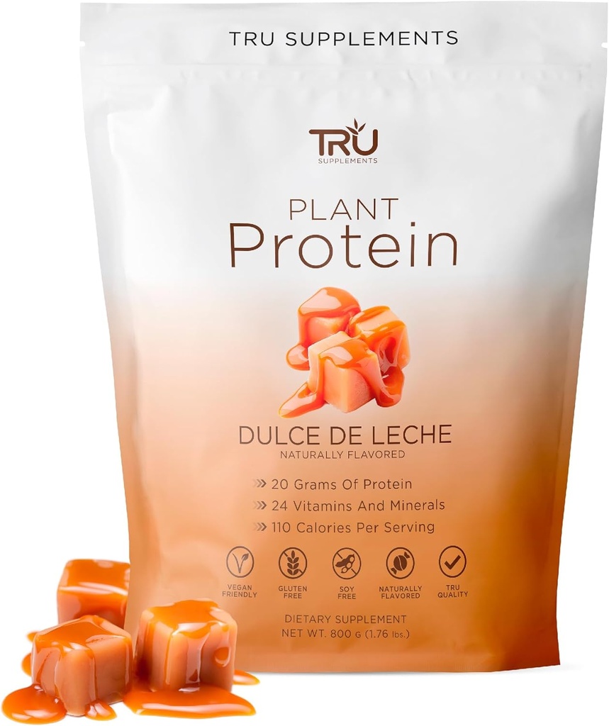 TRU Kosttilskud Plantebaseret Protein Powder, BCAA, EAA, 20g Vegan Brown Rice & Pea Protein, 100 kalorier, 27 Vitamin, Ingen kunstige smagsstoffer 25 Servere 25 Servere (Dulce De Leche)