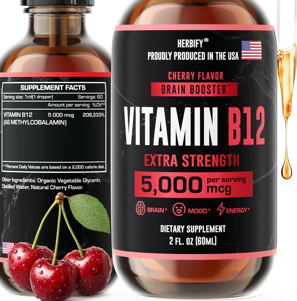 HERBIFY vitamin B12 Methyleret Multivitamin Energi Kosttilskud til kvinder og mænd - Flydende B12 Vitamin 5000 Mcg Methylcobalamin - Energistøtte og immunforsvar flydende Vitamin 2 Oz