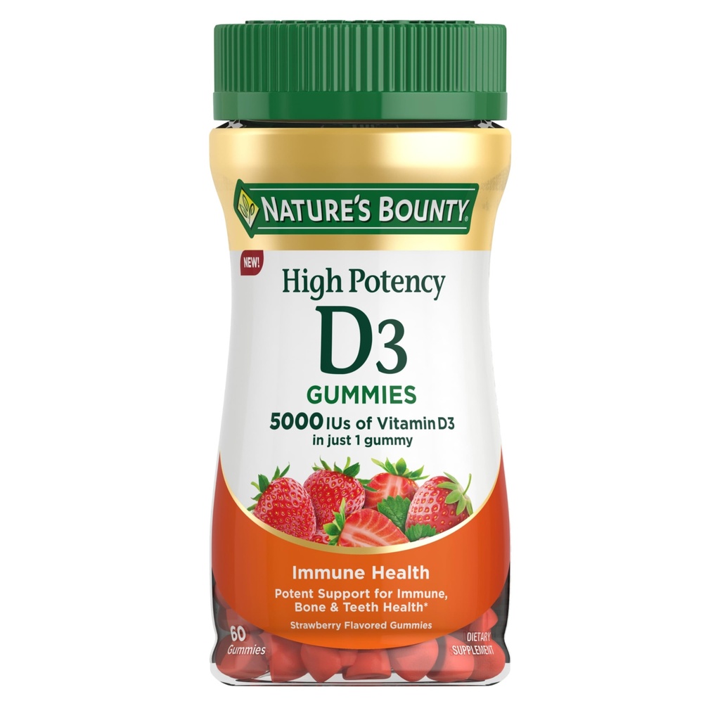 Nature 's Bounty D 5000 IE Gummies, Vitamin D3 High Potency immunsupport & Bone Health Supplement, 5000 IE i 1 Gummy, Strawberry Flavor, 2 måneder Supply, 60 Vegetariske Gummies for voksne