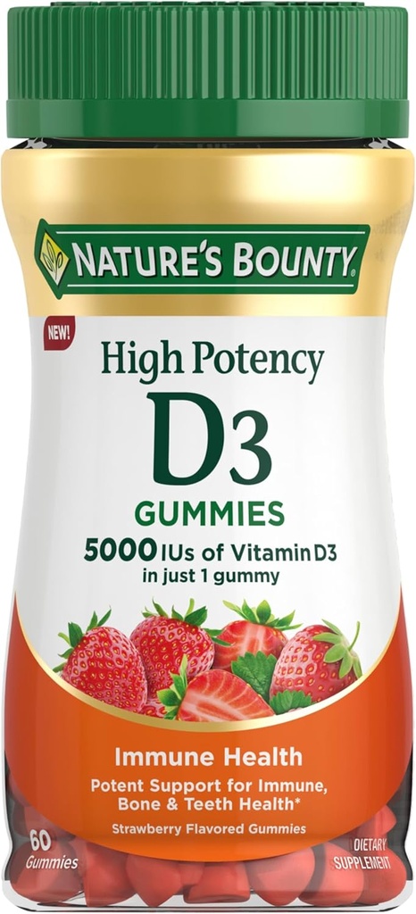 Nature 's Bounty D 5000 IE Gummies, Vitamin D3 High Potency immunsupport & Bone Health Supplement, 5000 IE i 1 Gummy, Strawberry Flavor, 2 måneder Supply, 60 Vegetariske Gummies for voksne