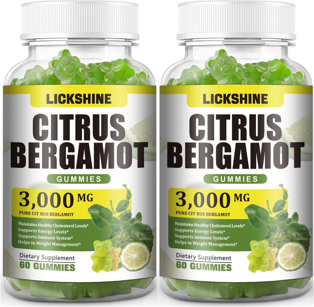 2 Pack 3000MG Citrus Bergamot Gummies - Citrus Bergamot Extract Cholesterol Lowning Supplement for immunforsvar Anti- Aging, Hight Cholesterol Sugar- Free Vegan Lime Flavor 120 Cts