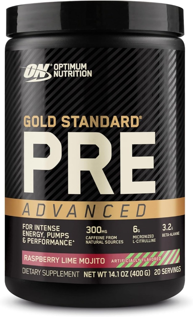Optimum Nutrition Gold Standard Pre Workout Avanceret, med Creatin, Beta- Alanine, Mikroniseret L- Citrullin og koffein til energi, Keto Friendly, Raspberry Lime Mojito, 20 Serveringer
