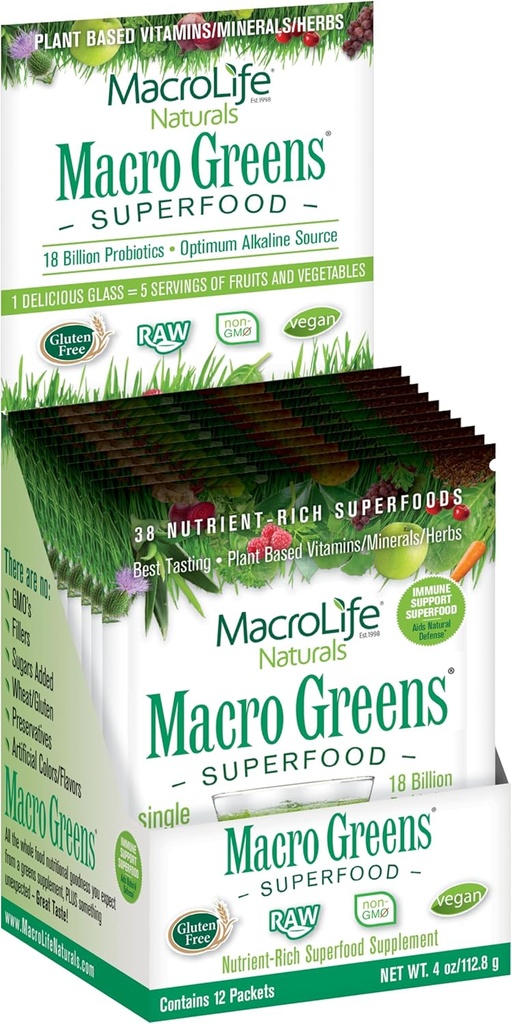 MacroLife Naturals Macro Greens Powder 38 Superfood Probiotic Antioxidant Enzyme & Herbal Supplement Immunity Energy Cleanse - Non-GMO Vegan Gluten-Free Dairy-Free (12 Servings)