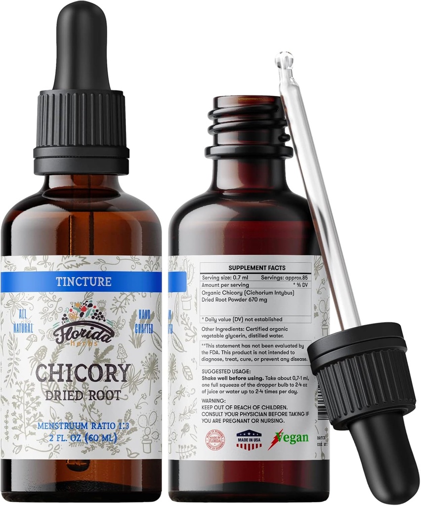 Chicory Tincture Extract, Organic Chicory (Cichorium Intybus) Tørret rod for tab af Appetite, lever og gallablære, non-GMO i Cold- Pressed Organic Vegetabilsk Glycerin 2 oz (60 ml), 700 mg