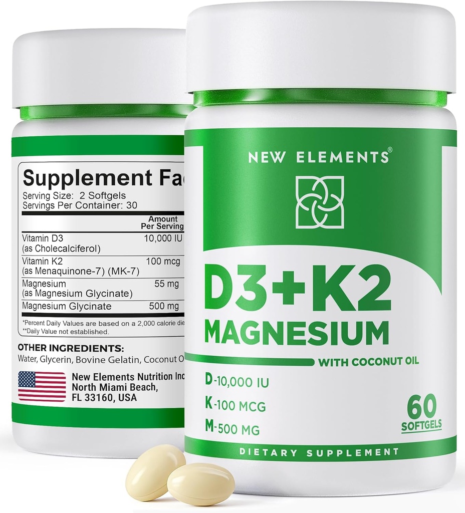 Nye elementer Vitamin D3 K2 10.000 IE med Magnesium Glycinate 500mg - Knoglehygiejne, immunstøtte, Energi & Mood - Non- GMO, Gluten- fri, Sugar- fri Softgels for kvinder & mænd (60 softgels)