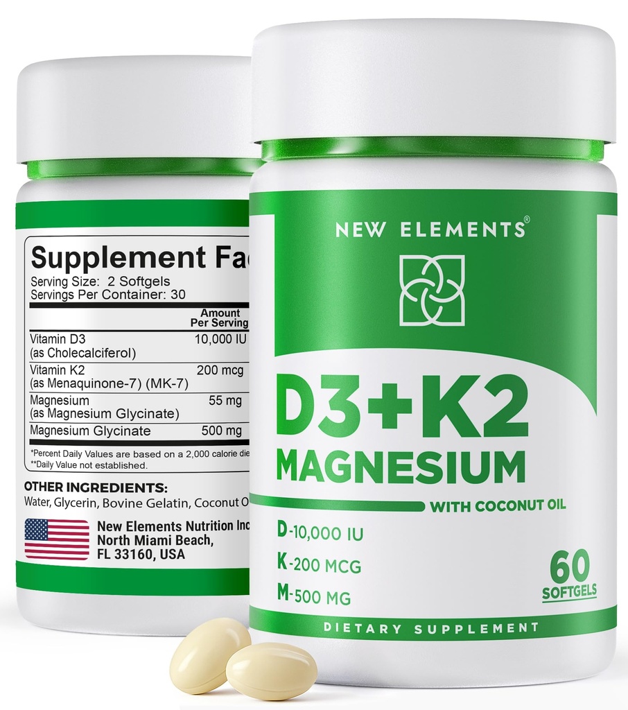 Nye elementer Vitamin D3 K2 10.000 IE med Magnesium Glycinate 500mg - Knoglehygiejne, immunstøtte, Energi & Mood - Non- GMO, Gluten- fri, Sugar- fri Softgels for kvinder & mænd (60 softgels)