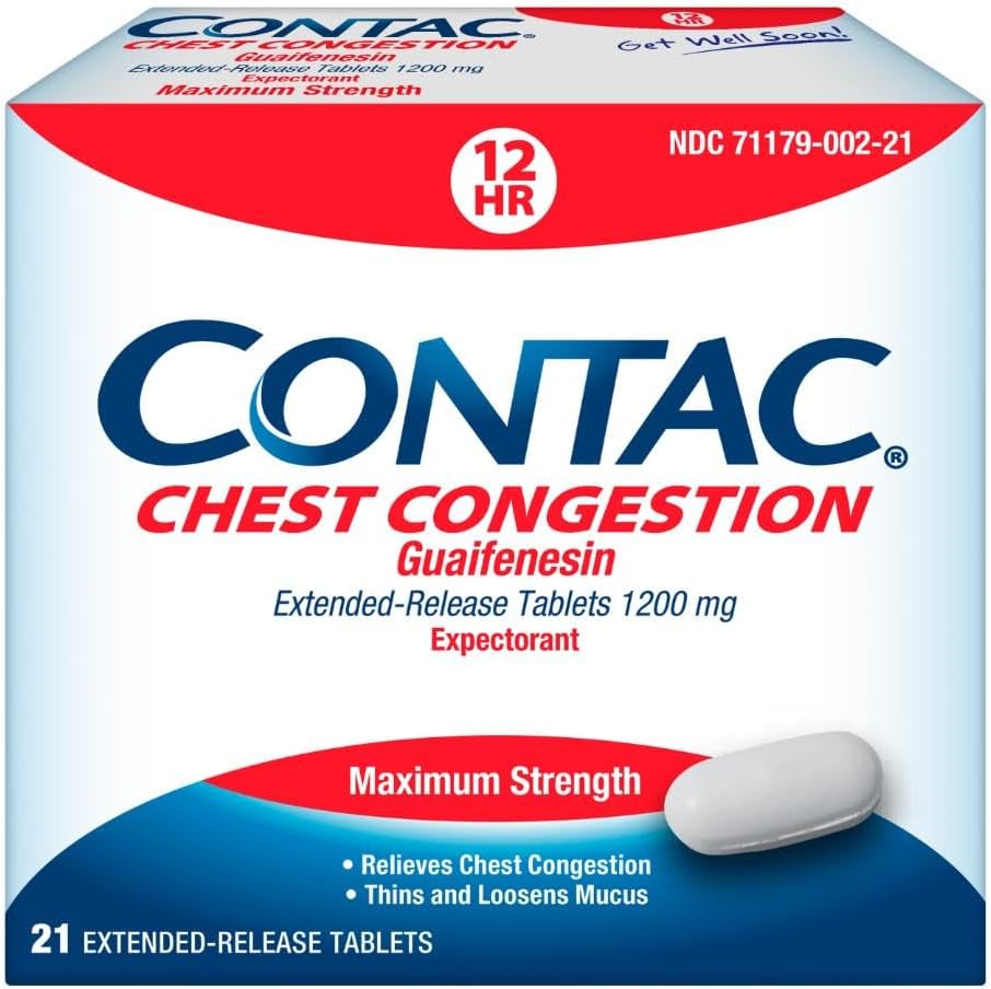 Contac Chest Congestion, maksimal styrke Expectorant Controls Hough and Thins and Loosens Mucus, Extended Release Tablets, Guaifenesin 1200 mg, Extended Release Tablets, 21 Greve