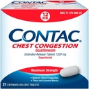 Contac Chest Congestion, maksimal styrke Expectorant Controls Hough and Thins and Loosens Mucus, Extended Release Tablets, Guaifenesin 1200 mg, Extended Release Tablets, 21 Greve