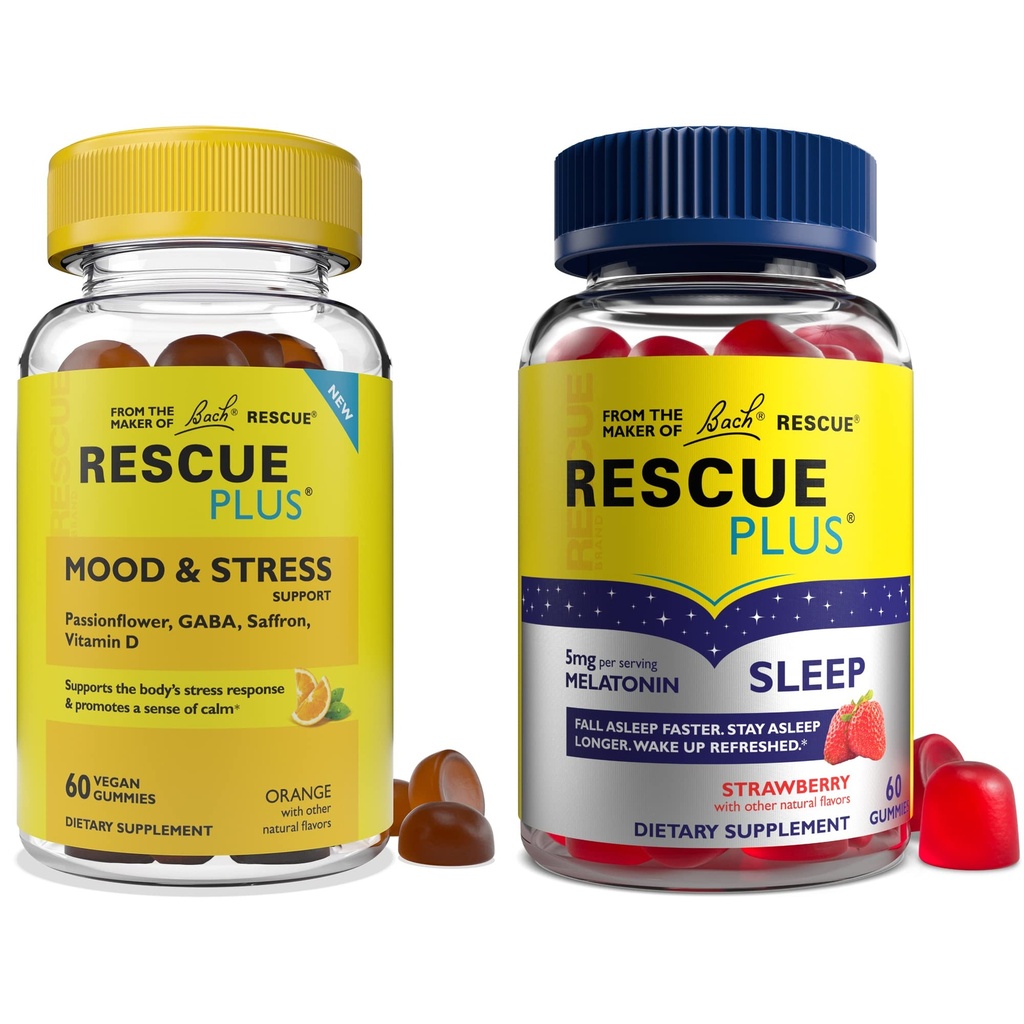 RESCUE Bach Plus sovegummier med 5 mg melatonin / dosis [og] Bach Plus Mood & Stress Support Gummier med Key Nutrients og Botanicals - 2PK Kosttilskud, 60Ct Hver