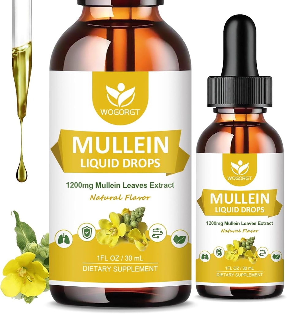 4-in-1 Mullein Blade Extract Drops til Lungs - Respiratory Support og Lungs Cleanse, Mullein Liquid Kosttilskud med Elderberry, Marshmallow Root & Orange Peel, Natural Flavor, 1 Fl Oz (2 Pack)
