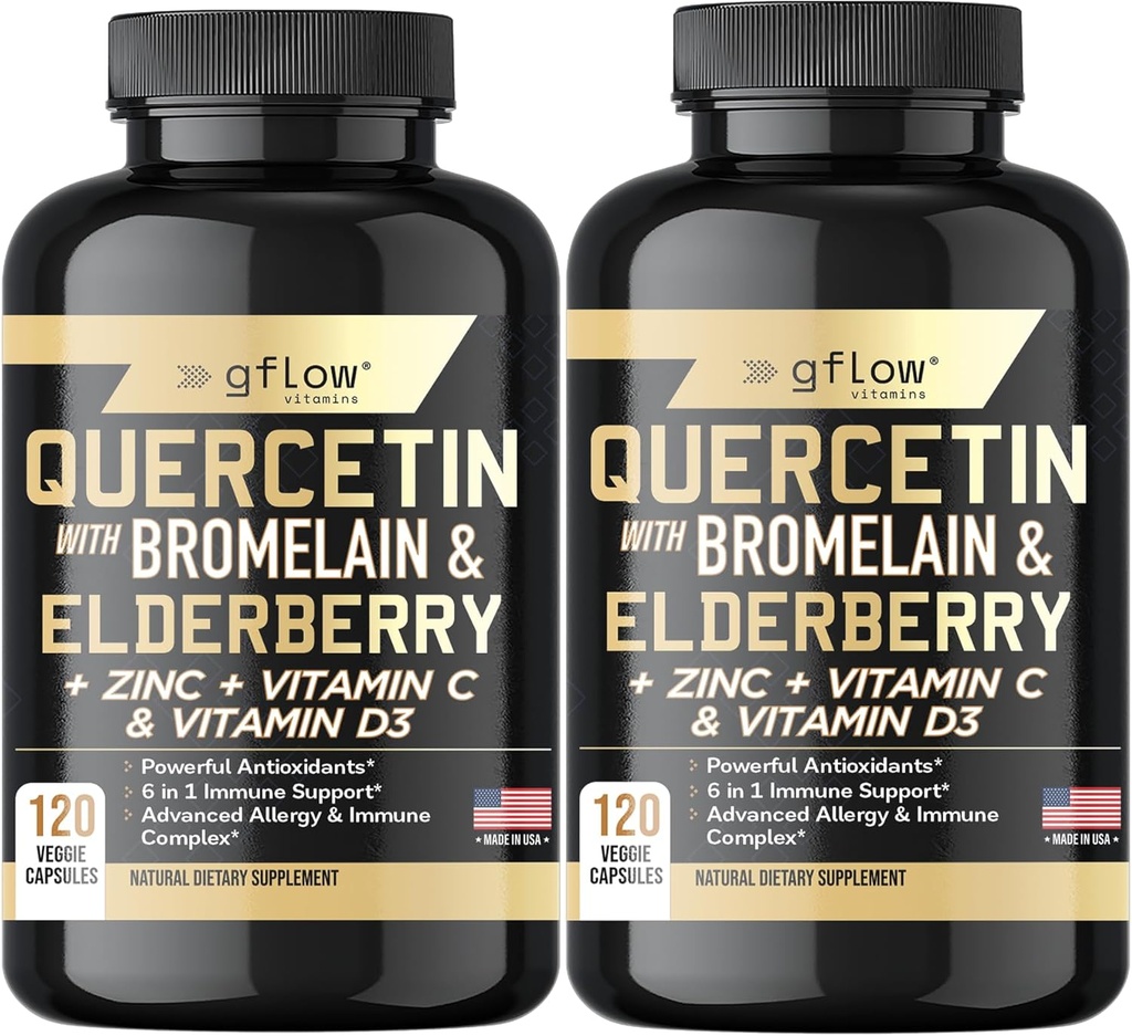 Quercetin med Bromelain Zink Vitamin C Vitamin D Elderberry - 120 Veggie kapsler, Non-GMO, Gluten- Free