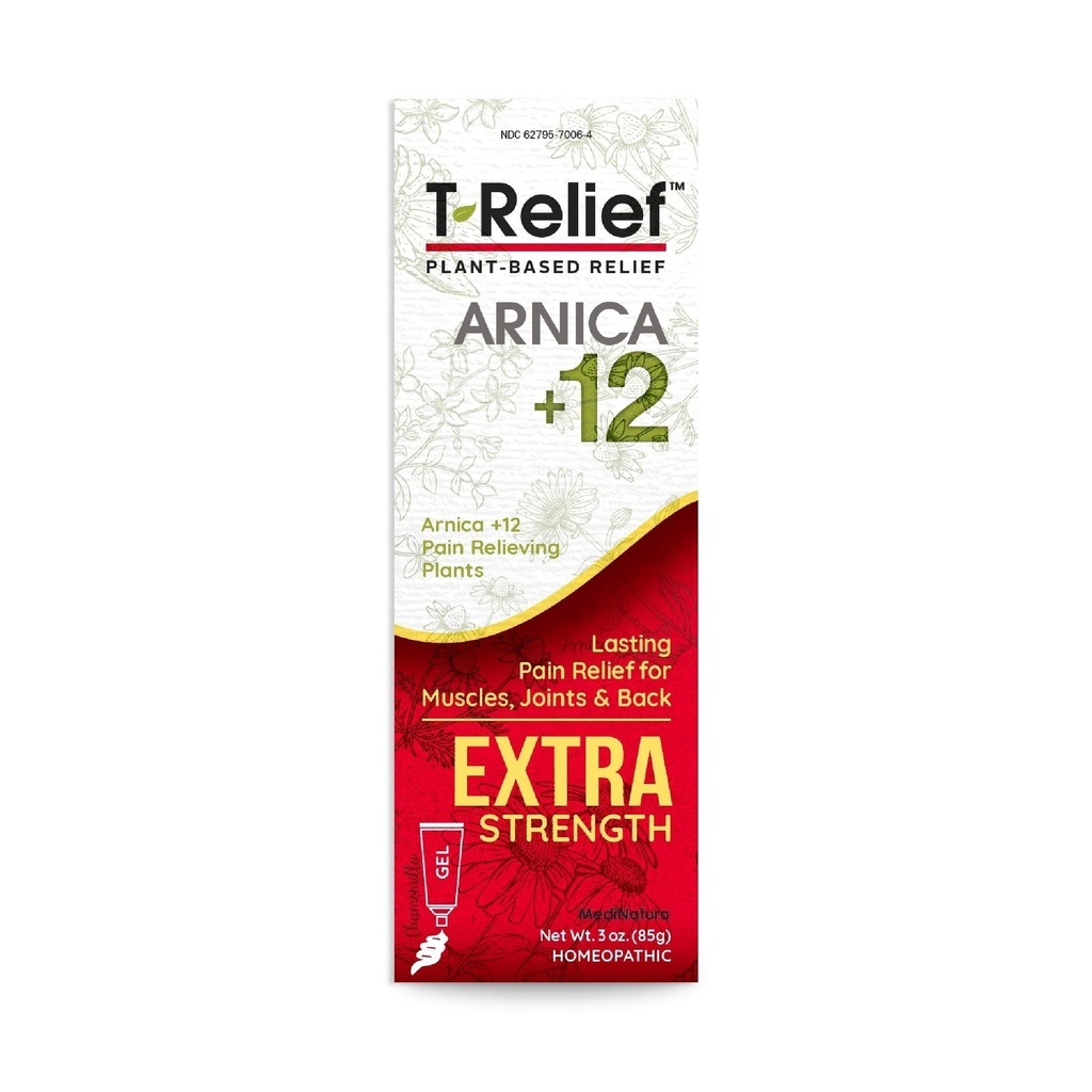 MediNatura T- Relief Extra Strength Gel Arnica + 12 Natural Reliving Actives for Ryg Smerte Fælles ømhed Muskelakker & Stift Hele kroppen Hurtig fungerende Relief for kvinder og mænd - 3 oz