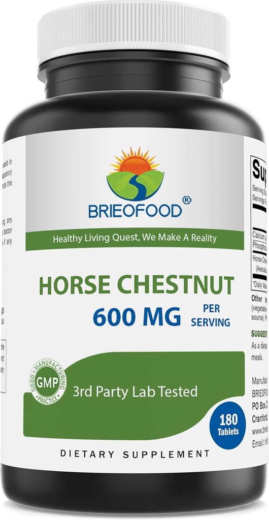 Brieofood Horse Chestnut Extract 600 mg per servering - 180 tabletter - 3. part Lab Testet for renhed & kvalitet - understøtter sund cirkulation & fluid balance i benene *