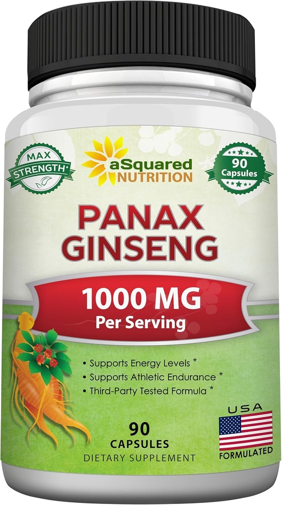 aSquared Nutrition Natural Koreansk Panax Ginseng (1000mg Max Strength) -90 Kapsler Root Extract Complex (rød & hvid), Høj dosering Ginsenosider i frø, asiatiske pulver supplement, Tablet piller til energi