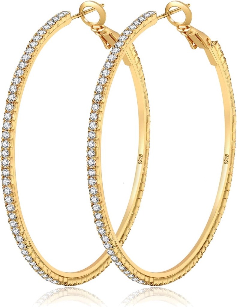 MOROTOL 14K guld Rhinestone Hoop øreringe - Fashion Thin Big Hoops, Hypoallergen, 20 / 30 / 40 / 50 / 60 / 70mm