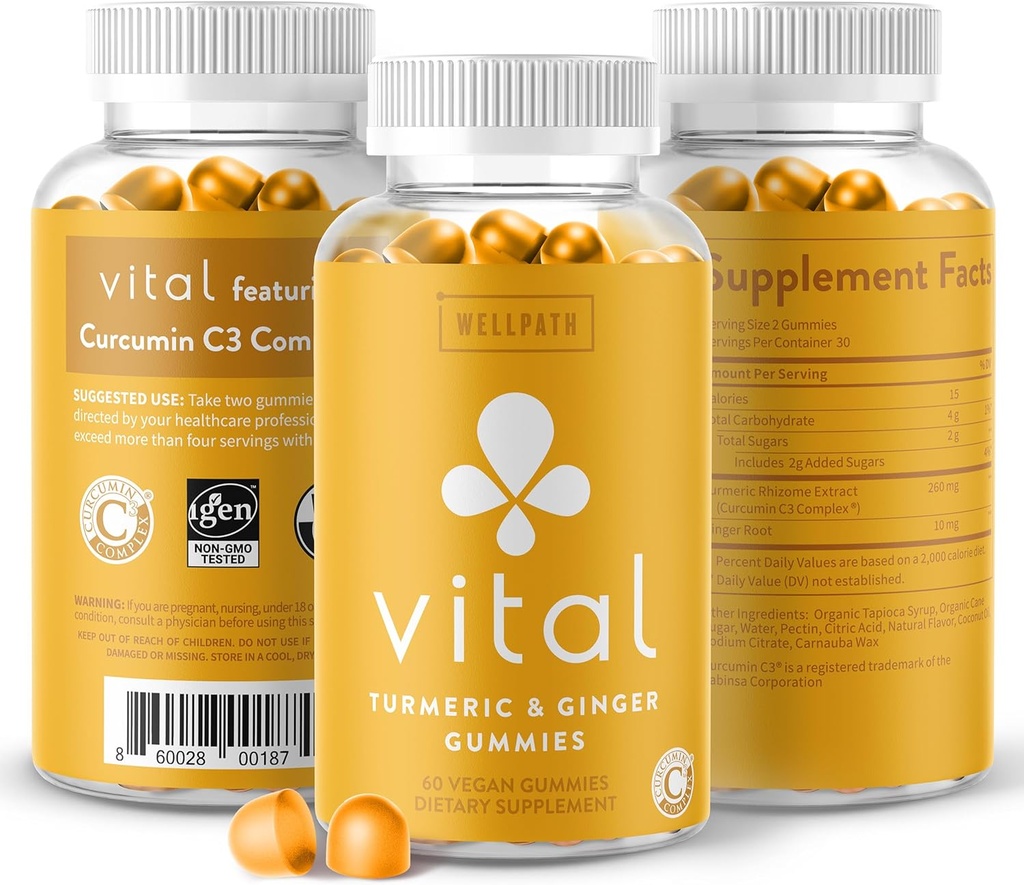 WellPath Vital Gummies + Ingefær - Fælles Support Curcumin Supplement, Gurkemeje Curcumin C3 Complex, Tasty Alternativ til kapsler, Gurkemeje & Gingerod, Tropical Flavor Chews, Vegan, 60 Ct