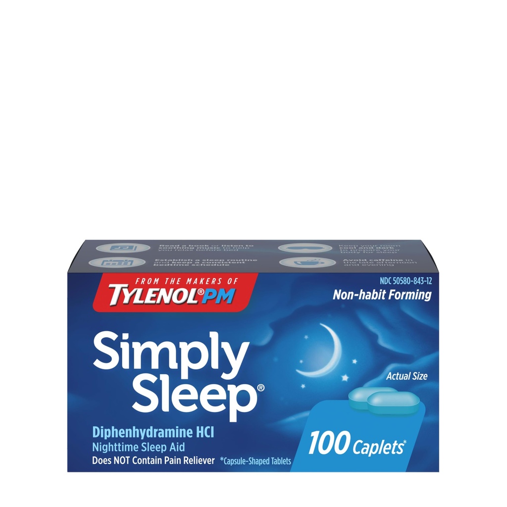 Tylenol Simply Sleep Nighttime Sleep Aid Caplets, 25 mg Diphenhydramin HCl, Non- Habit Danning Sleep Aid for Voksnes, 100 Count