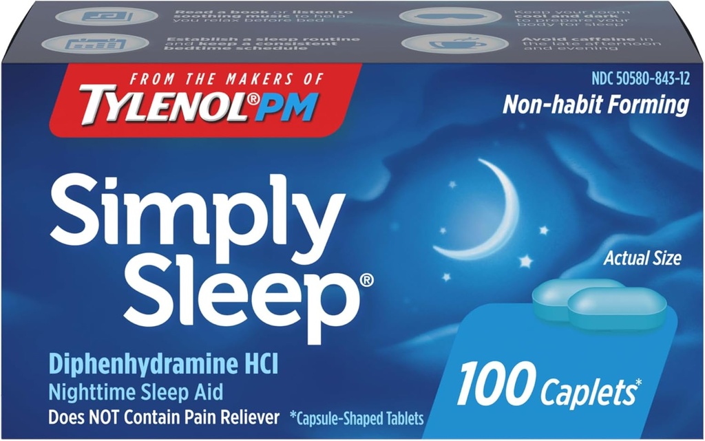 Tylenol Simply Sleep Nighttime Sleep Aid Caplets, 25 mg Diphenhydramin HCl, Non- Habit Danning Sleep Aid for Voksnes, 100 Count