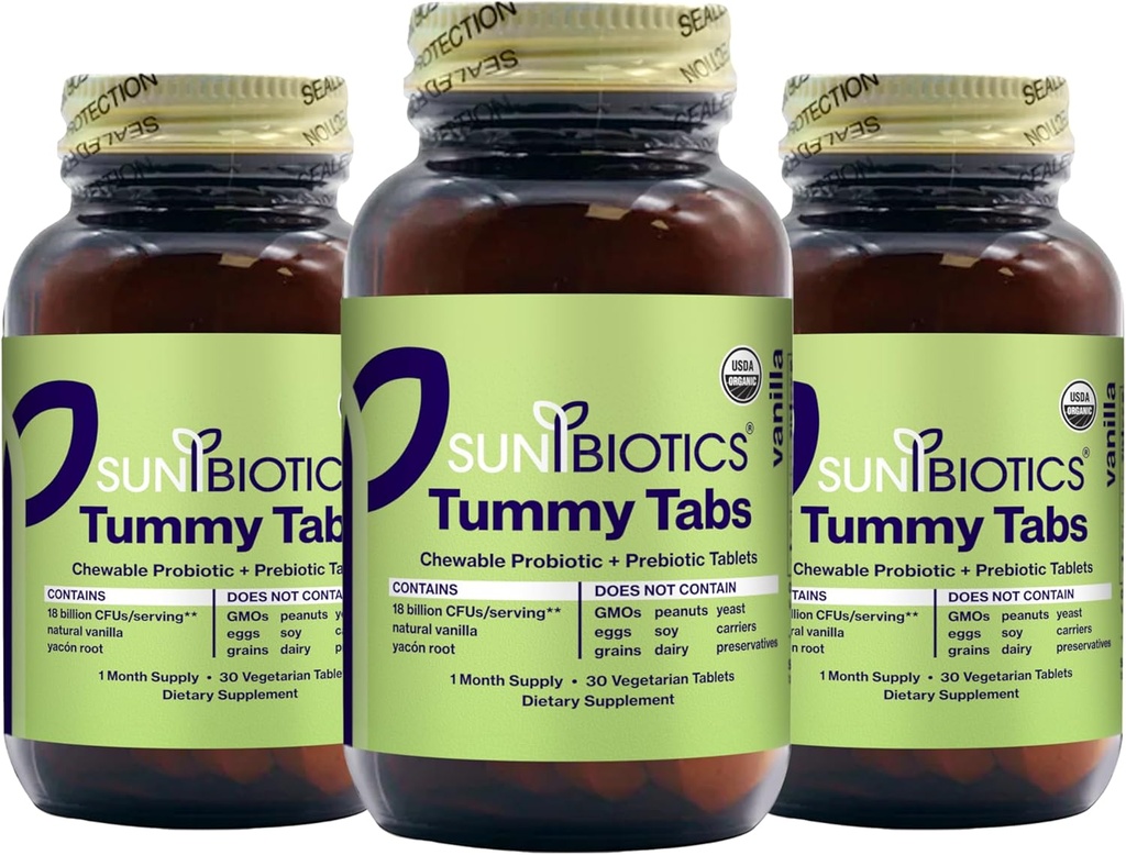 SUNBIOTICS Tummy Tabs - Chewable Probiotiske og Prebiotiske Tablets med 18 Millioner CFU 'er på 4 Probiotiske Strops til God Gut Flora, immunsystem, & Balanceret Microbiome - Vanilla, (Pack of 3)