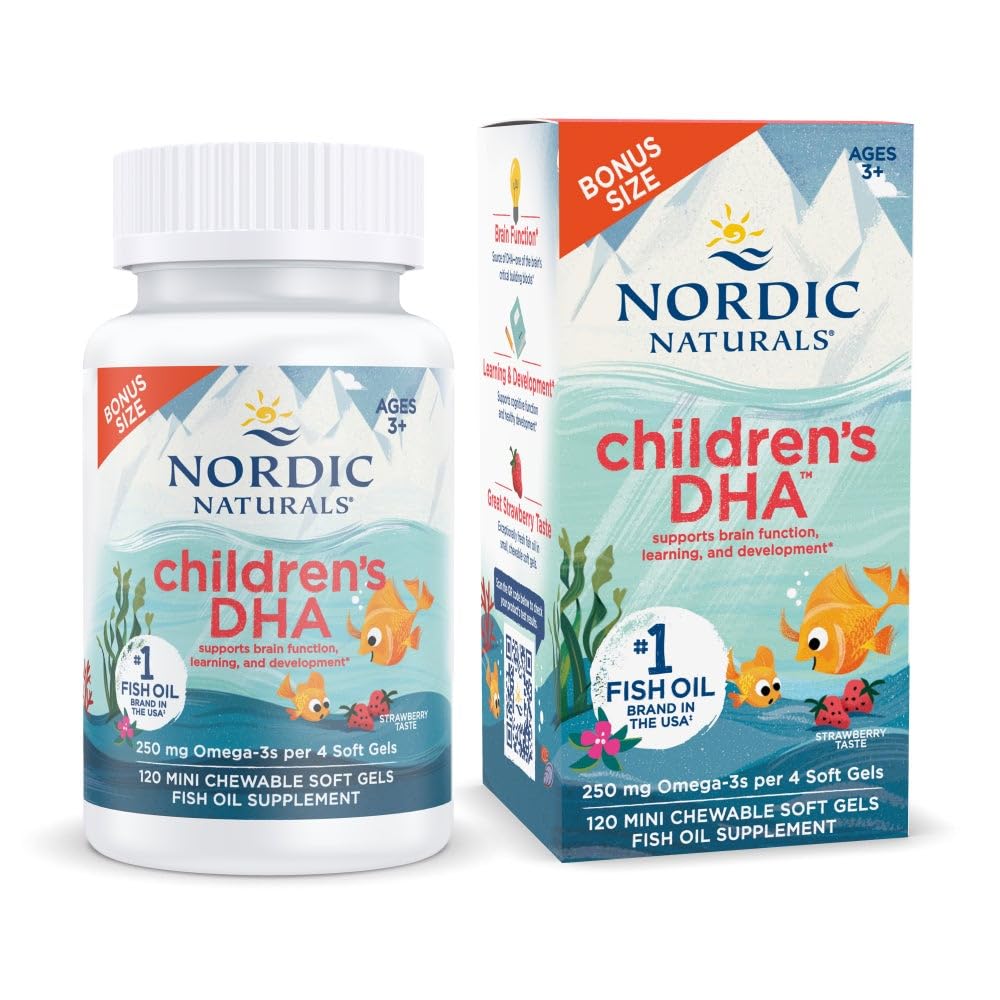 Nordic Naturals Children 's DHA, Strawberry - 120 Mini Chewable Soft Gels for Kids - 250 mg Omega-3 med EPA & DHA - Brain Development & Function - Non- GMO - 30 Serveringer