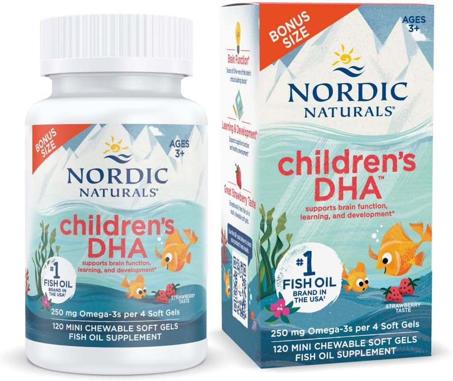 Nordic Naturals Children 's DHA, Strawberry - 120 Mini Chewable Soft Gels for Kids - 250 mg Omega-3 med EPA & DHA - Brain Development & Function - Non- GMO - 30 Serveringer