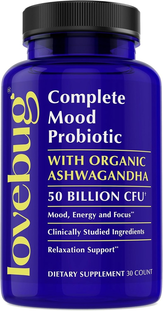 LoveBug Complete Mood Probiotika for Kvinder - 50 Millioner CFU, 10 Klinisk Studerede Strops, Lactobacillus Bifidobacterium Probiotic med Ashwagandha fordøjelsessygdomme, Mood Support Supplement, 30 Greve