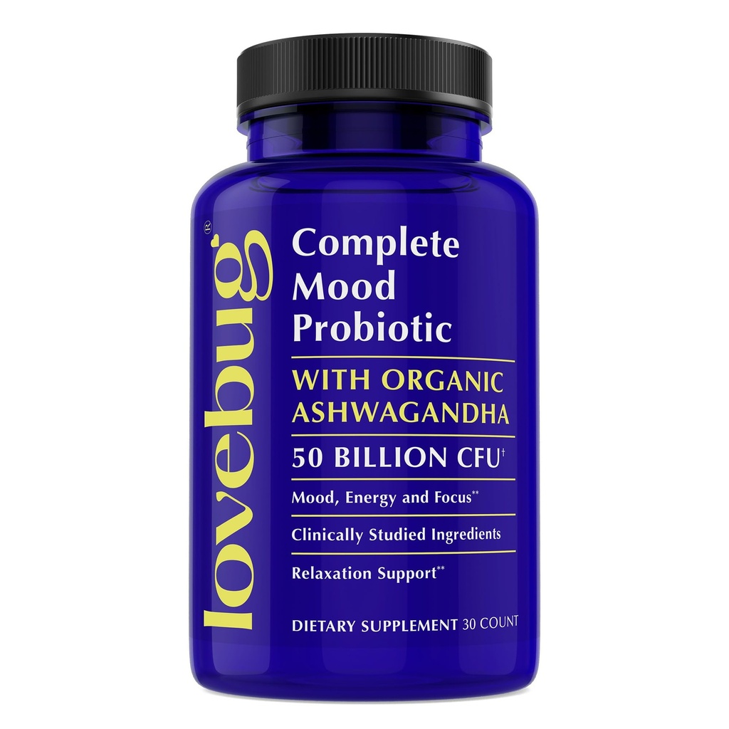 LoveBug Complete Mood Probiotika for Kvinder - 50 Millioner CFU, 10 Klinisk Studerede Strops, Lactobacillus Bifidobacterium Probiotic med Ashwagandha fordøjelsessygdomme, Mood Support Supplement, 30 Greve