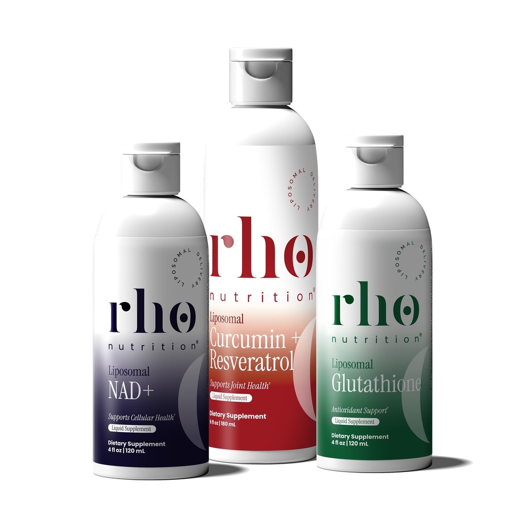 Rho Nutrition - Cellular Health Essentials Bundle - Flydende Liposomal Kosttilskud til sund aldring & Cellular Support - NAD +, Curcumin + Resveratrol, & Glutathion (3 Pack)