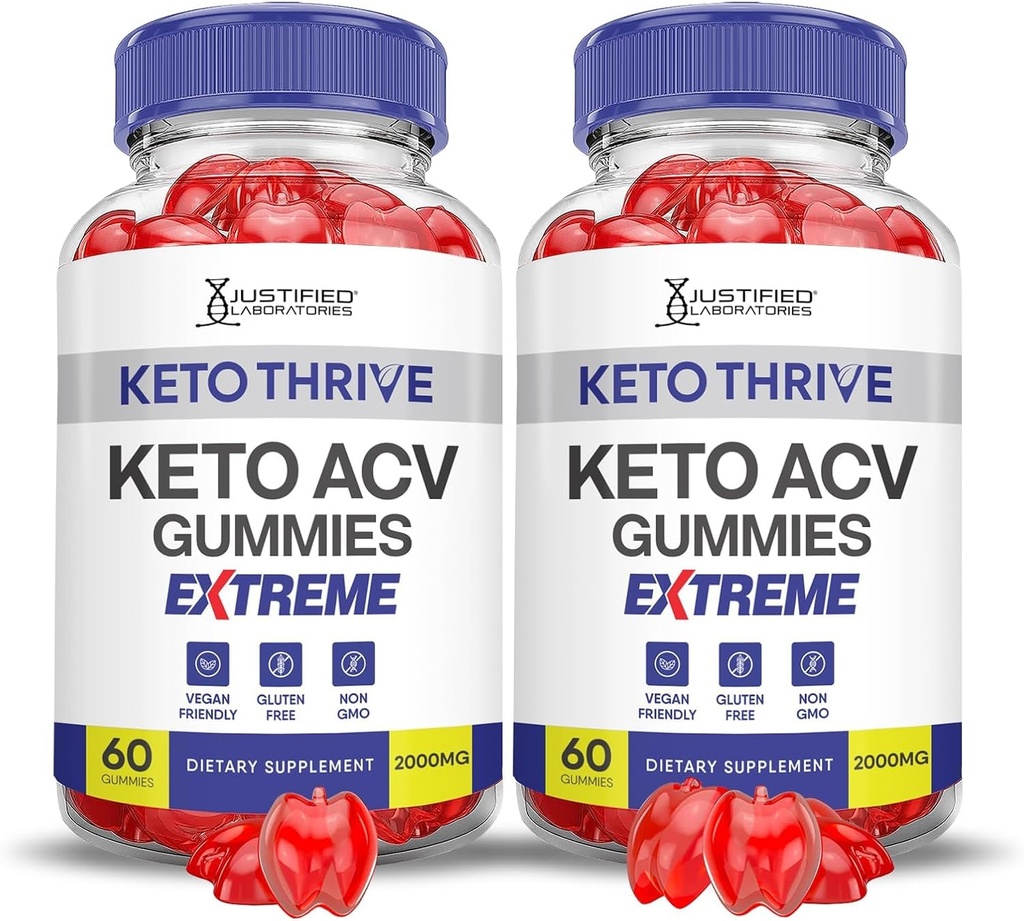 Justified Laboratories (2 Pack Keto Thrive Keto ACV Gummies Extreme 2000MG Keto Thrive Keto Gummies Apple Cider Vinagar Formuleret med Pomegranate Beet Juice Powder B12 Vegan Non GMO 120 Gummys