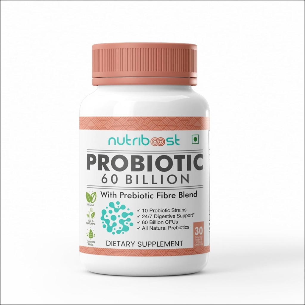 Probiotisk med Probiotic Fibre Blend Veggie Kapsler - 60 Millioner CFU -10 Probiotiske Strops / Nemmere fordøjelse, Fuller Nutrition / Organic / Natural for Women & Men (60.0 Servering)