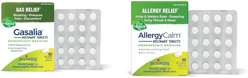 Boiron Gasalia tabletter 60 Greve og AllergyCalm tabletter 60 Greve for Relief fra Gas, Bloating, Allergier og Hay Fever