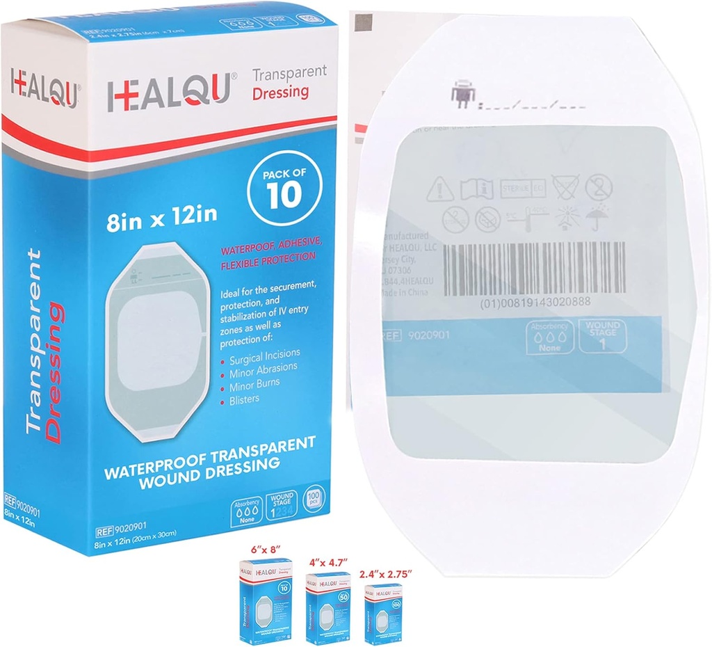 Transparent Film Dressing 8" x 12" (10 Pack) – Waterproof Adhesive Wound Bandages for Post-Surgical Shower, IV Shield, Tattoo Aftercare, Clear Breathable Dressing Patches by HEALQU