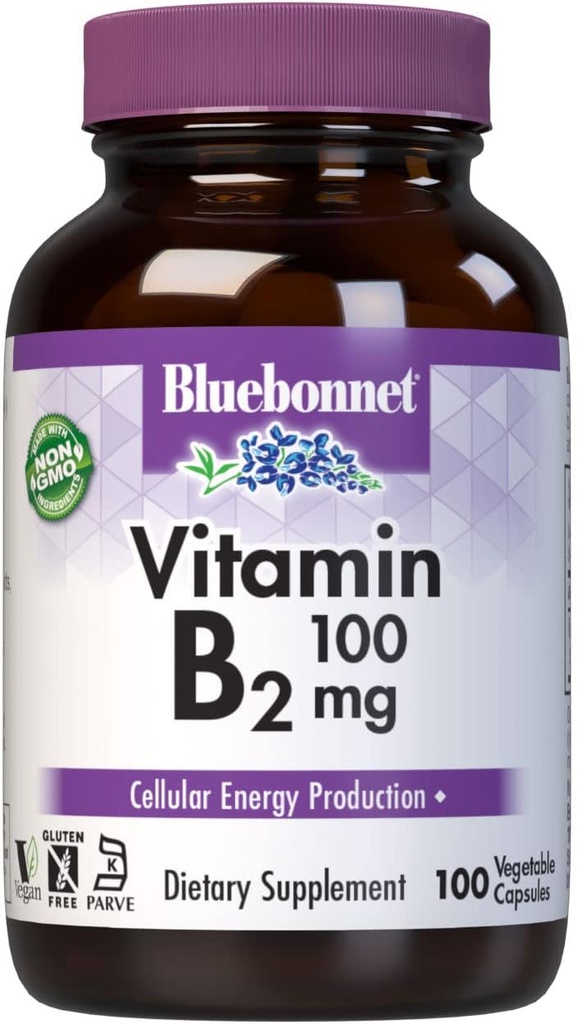 Bluebonnet Nutrition Vitamin B2 100 mg, For kardiovaskulær og nervesystem sundhed, Soy- Free, Gluten- Free, Kosher Certified, Dairy- Free, Vegan, Non- GMO, 100 Vegetabilske kapsler, 100 Servere