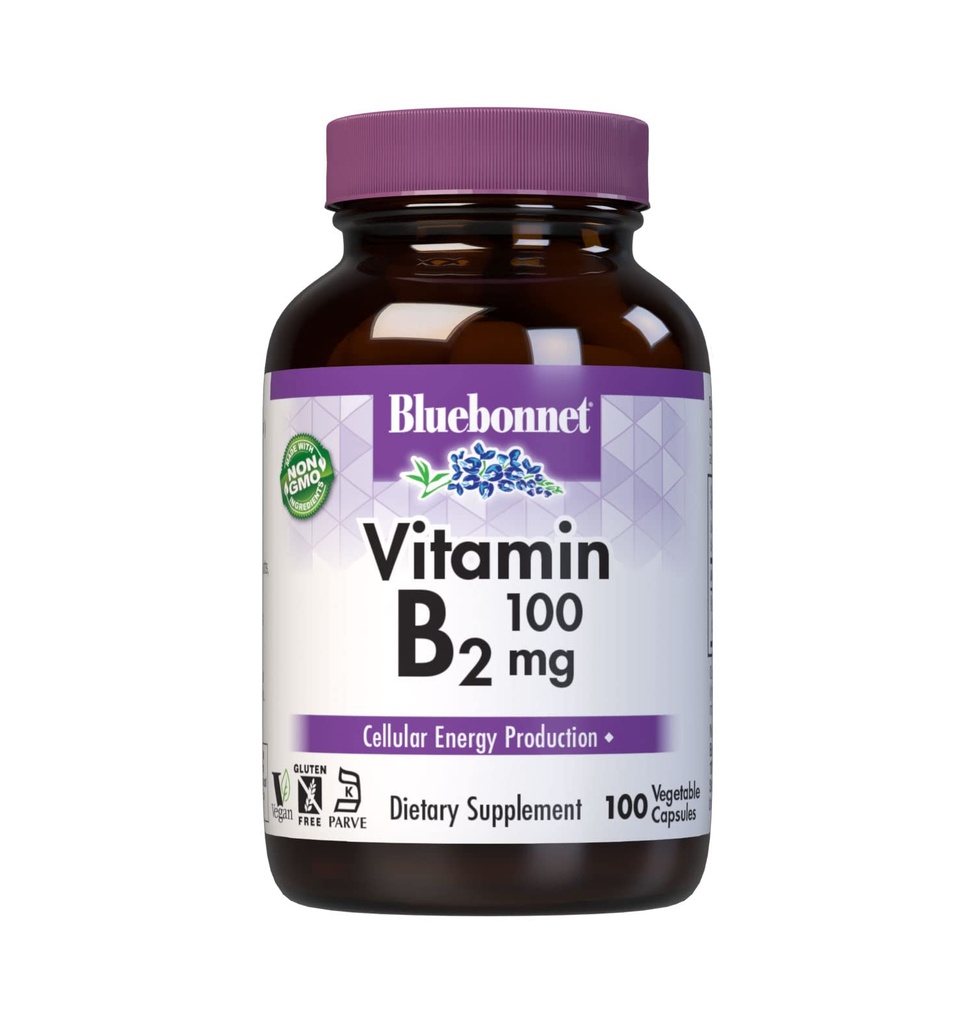 Bluebonnet Nutrition Vitamin B2 100 mg, For kardiovaskulær og nervesystem sundhed, Soy- Free, Gluten- Free, Kosher Certified, Dairy- Free, Vegan, Non- GMO, 100 Vegetabilske kapsler, 100 Servere