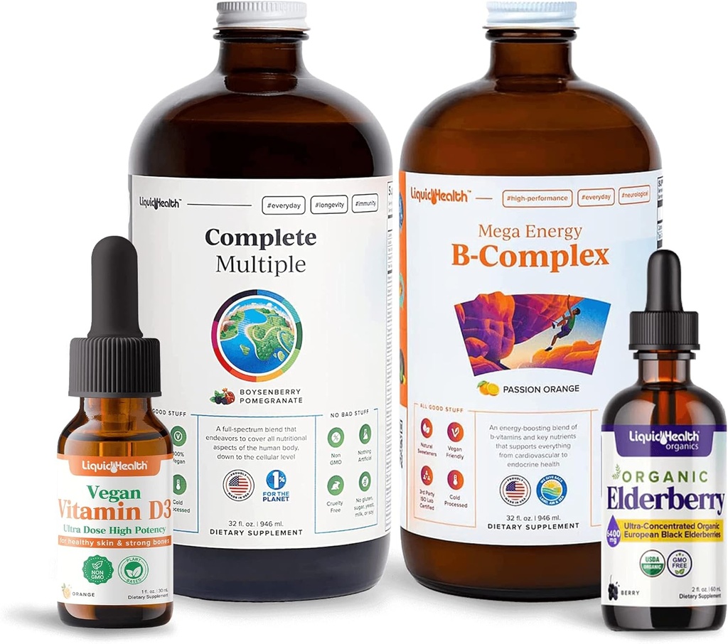 LIQUIDHealth Ultimate Immunity & Energy Liquid Vitamin Bundle for voksne med komplet Multivitamin, Energistøtte B- Complex supplement, Vegan Vitamin D3 Drops, Organic Elderberry Drops - Non- GMO
