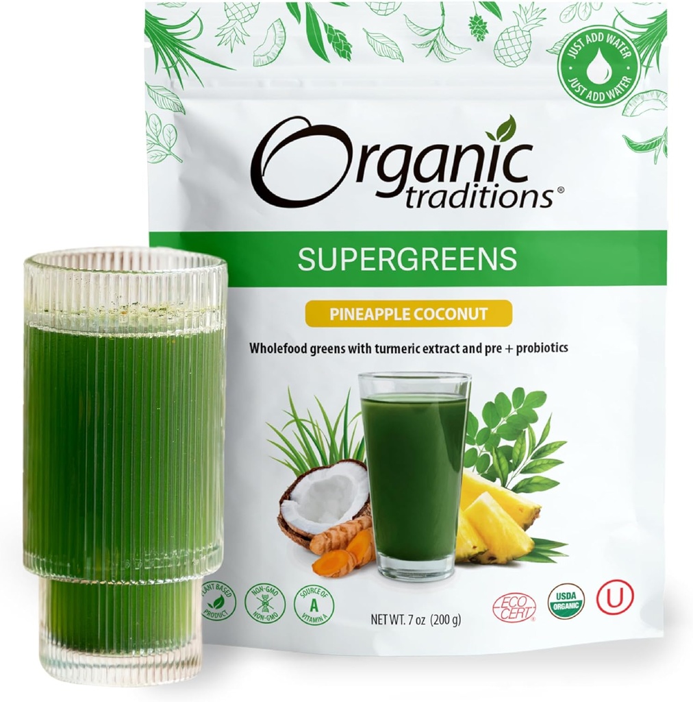 Organic Traditions Super Greens Powder Superfood with Turmeric, Pineapple Coconut Flavored Organic Greens Superfood Powder, 200g / 7oz Bag