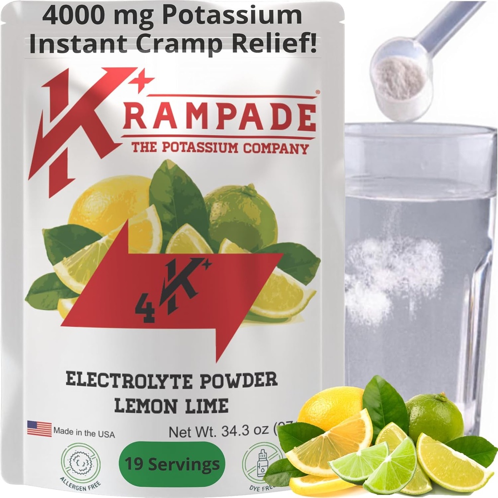 Krampade Original Lemon Lime 4K, 4000 mg Kalium Instant Cramp Relief Electrolyte Drink Powder Rempod 124; Designet til atleter og Crampers Remote 124; 19- Servering Resealable Pouch