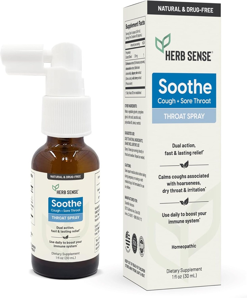 Herb Sense Hals Comfort Spray # 124; Cooling & Lindring med Slippery Elm, Echinacea & Kamille # 124; Natural Extracts (1 fl oz)